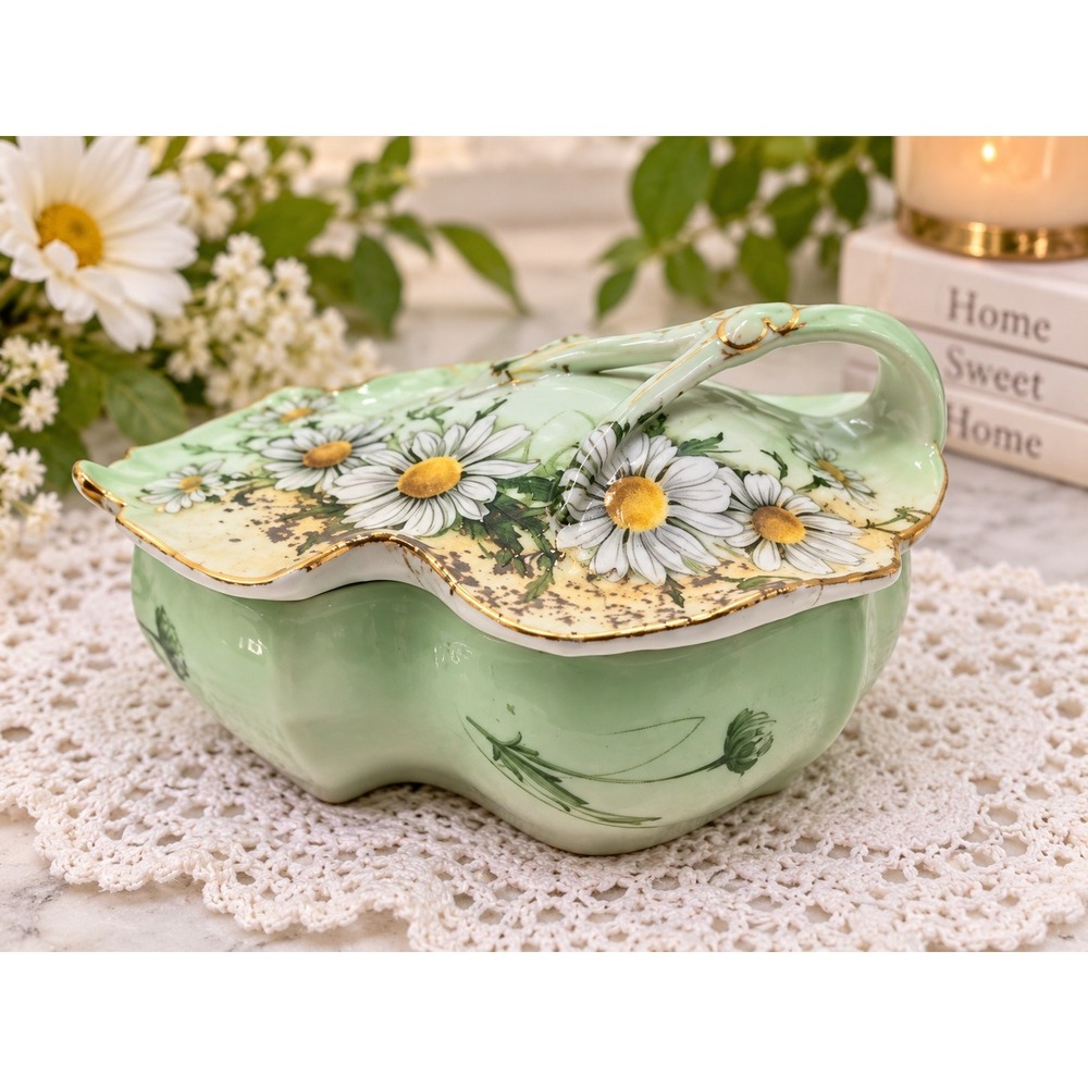 Vintage Limoges China Daisy Trinket Dish Spoon Green Gold Cottagecore Floral 🌼